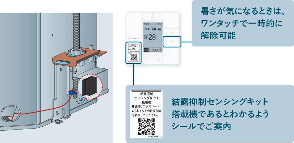 暑さが気になるときは、ワンタッチで一時的に解除可能。結露抑制センシングキット搭載機であるとわかるようシールでご案内。